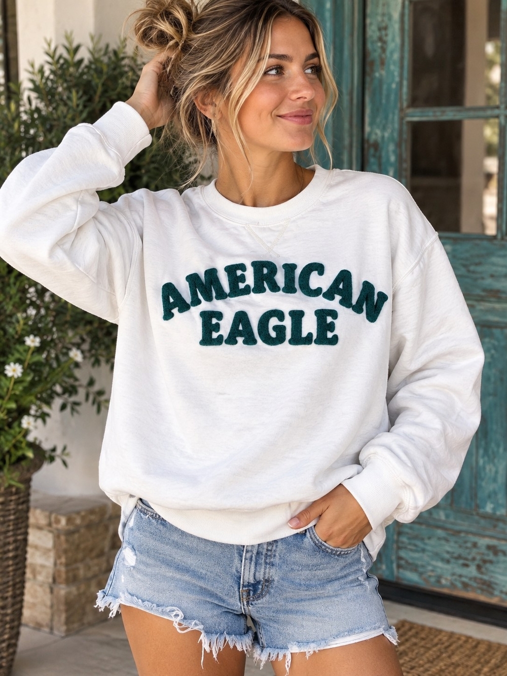 American Eagle Outfitters Cream Sweatshirt with Dark Green VARISTY Letters